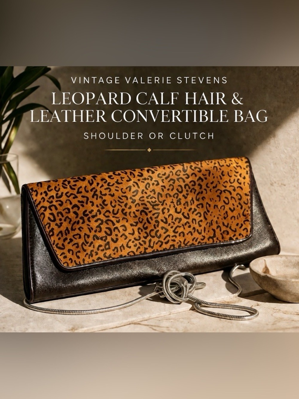 Vintage Valerie Stevens Leather & Leopard Print Calf Hair Clutch Shoulder Bag
